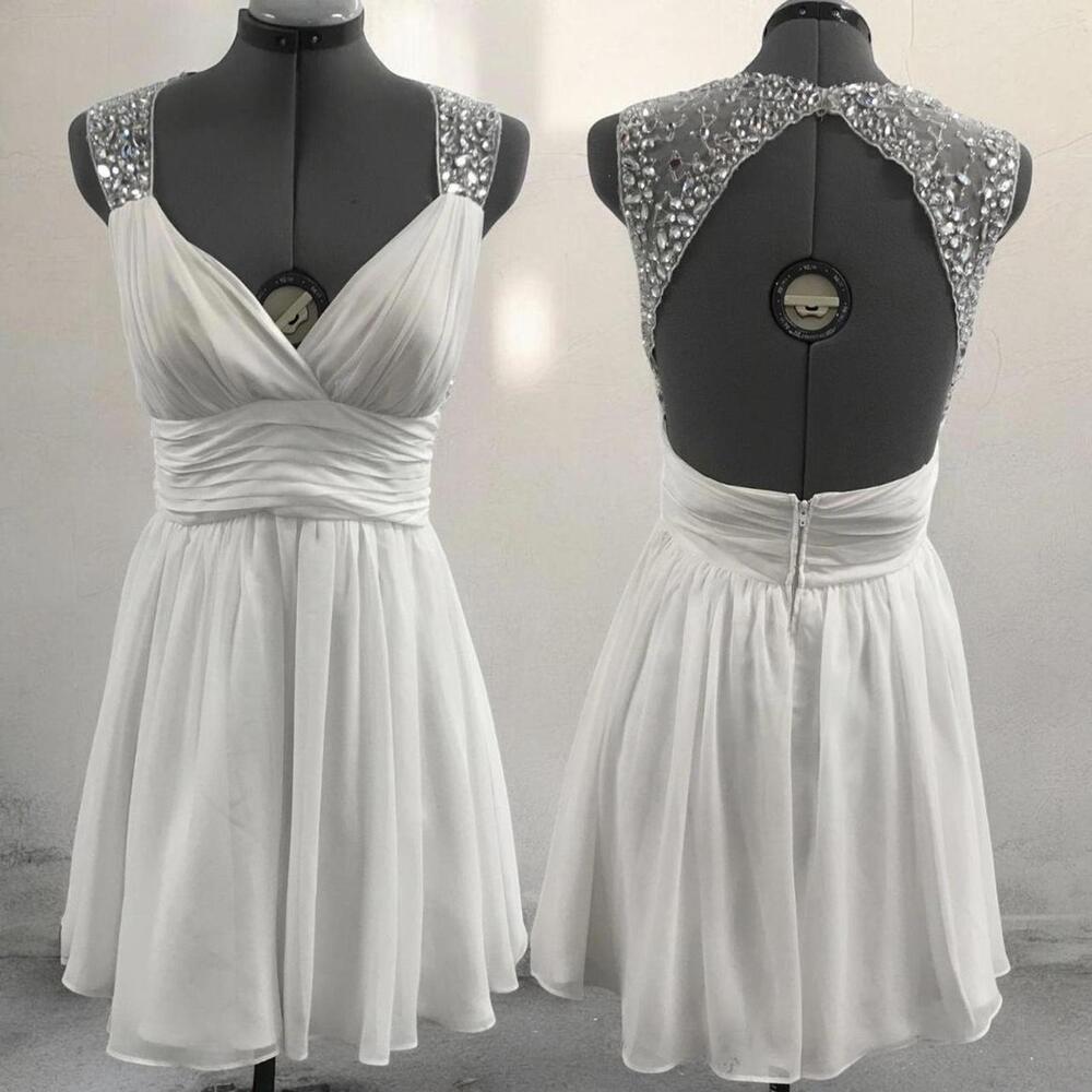 White Chiffon Beaded Open Back Cocktail Dress Bridal Formal Mini Size 9